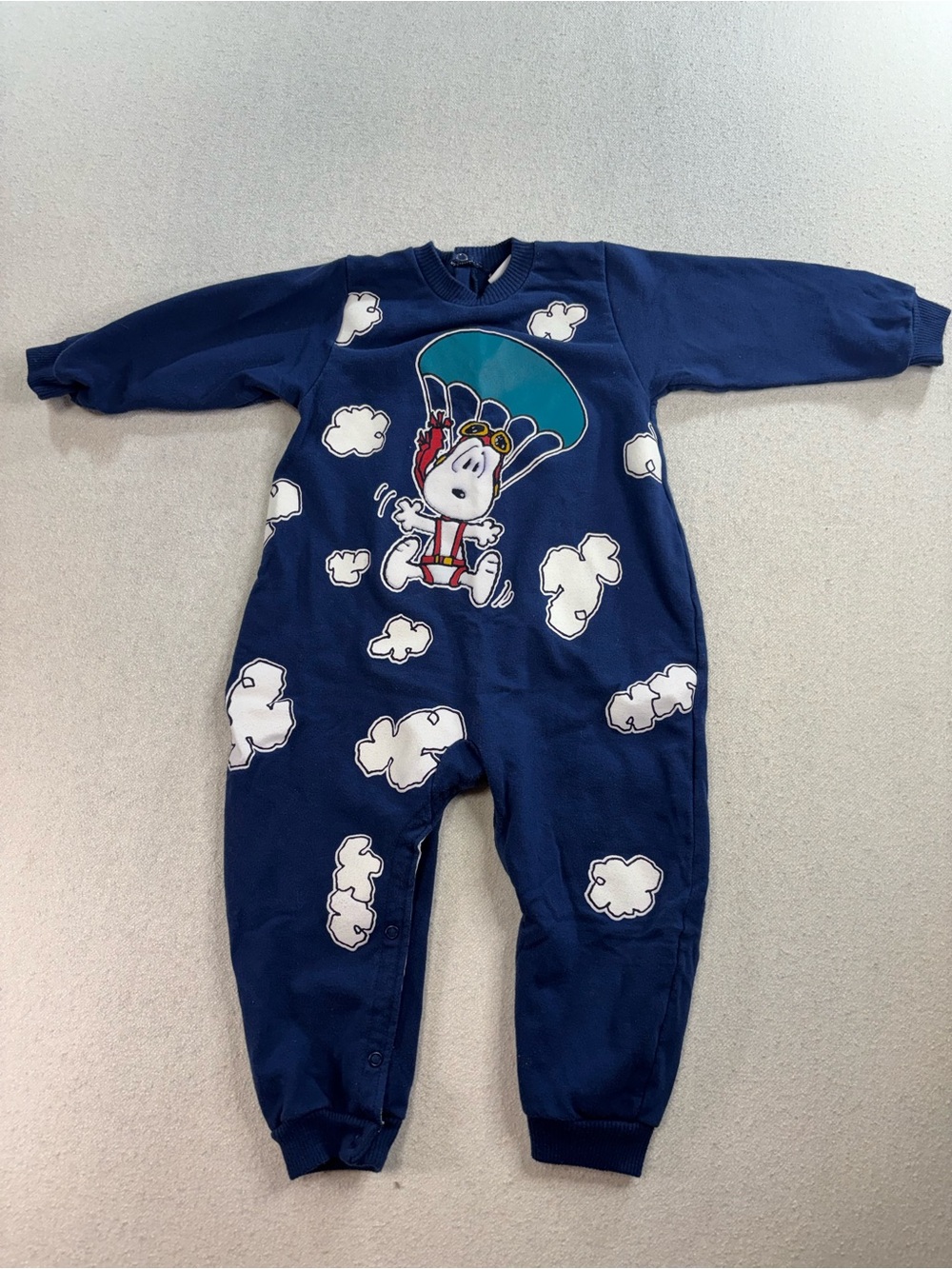 Vintage Snoopy Flying Parachute Romper Baby 24 Mos Peanuts One Piece Blue 90s